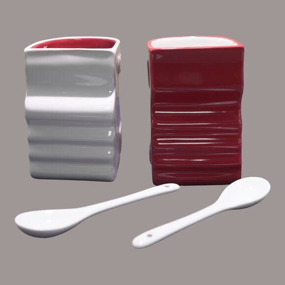 Georgia Tiblisi Kissing Mugs w/ 2 Teaspoons Ceramic Red & White Collectible NWOT - Picture 10 of 12